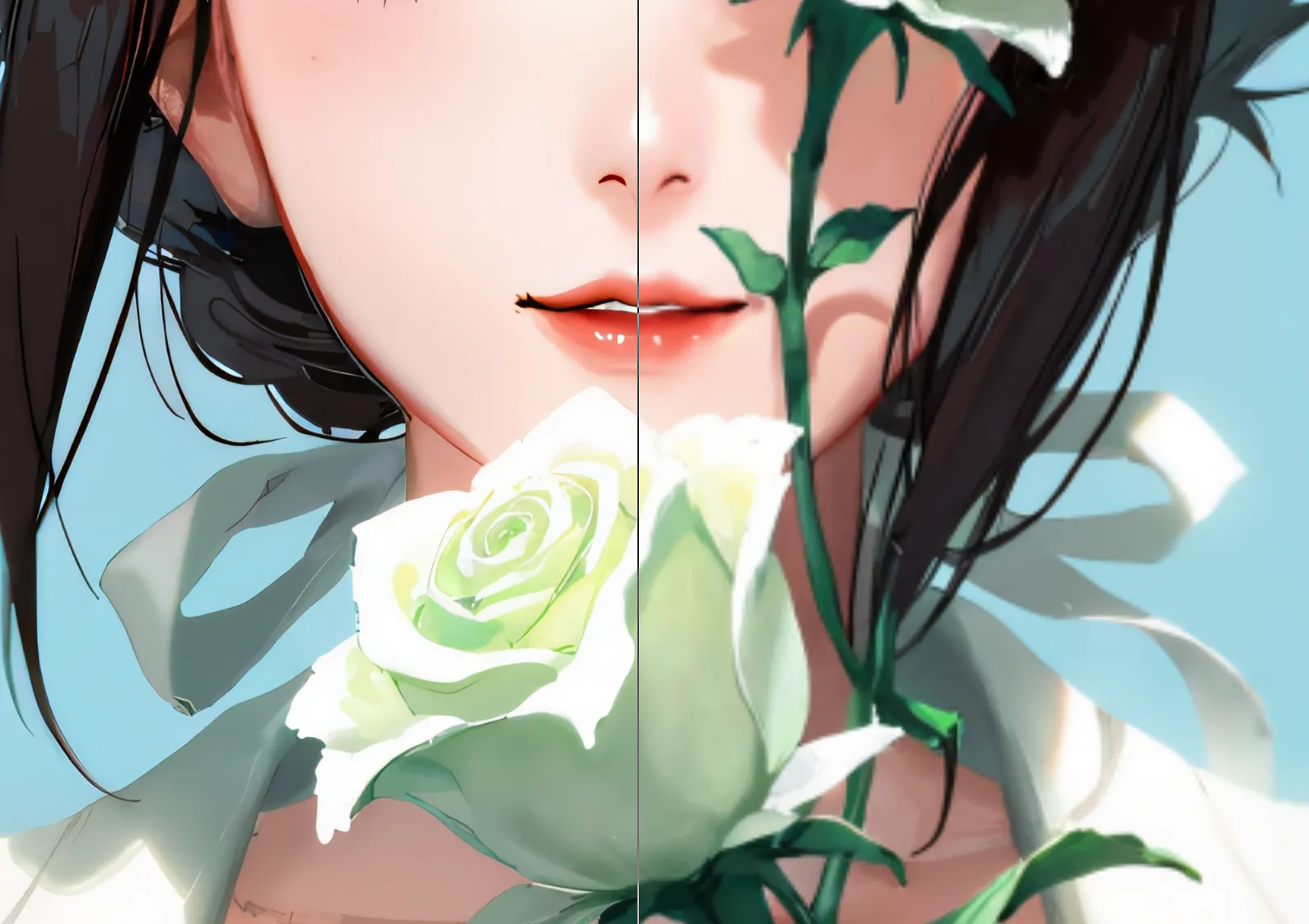 Split close-up of the same anime portrait. The left side is softer, and the right side shows sharper hair, lips, and rose petals.