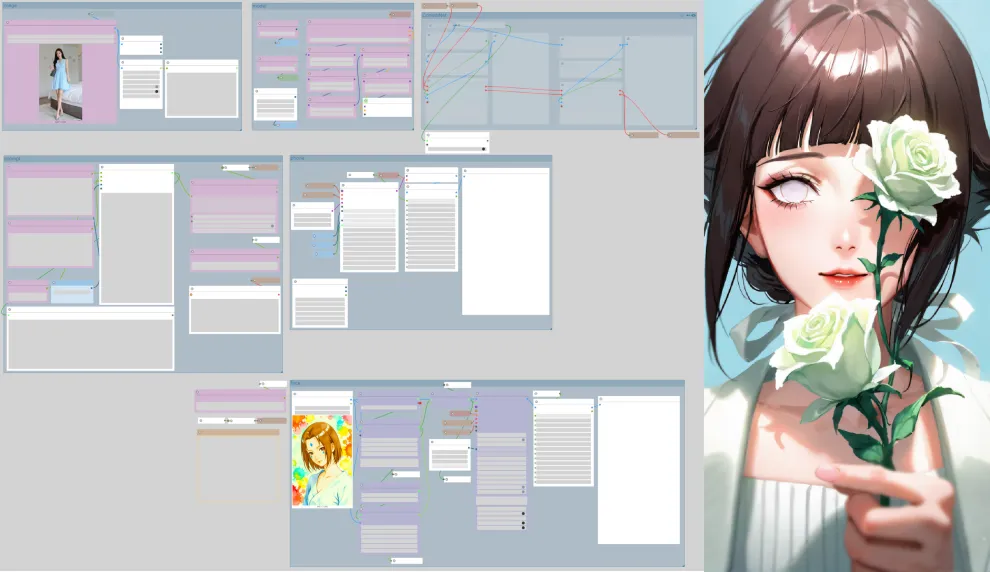 ComfyUI node graph beside a generated anime wallpaper of a woman holding white roses.