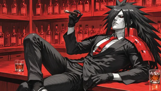 Generated anime wallpaper of a man in a black suit reclining at a red bar.