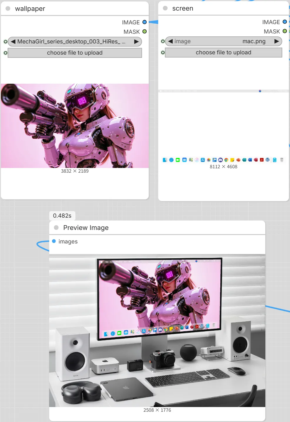 ComfyUI 节点分别载入壁纸和屏幕图,预览里这块壁纸已经放在桌面显示器上。