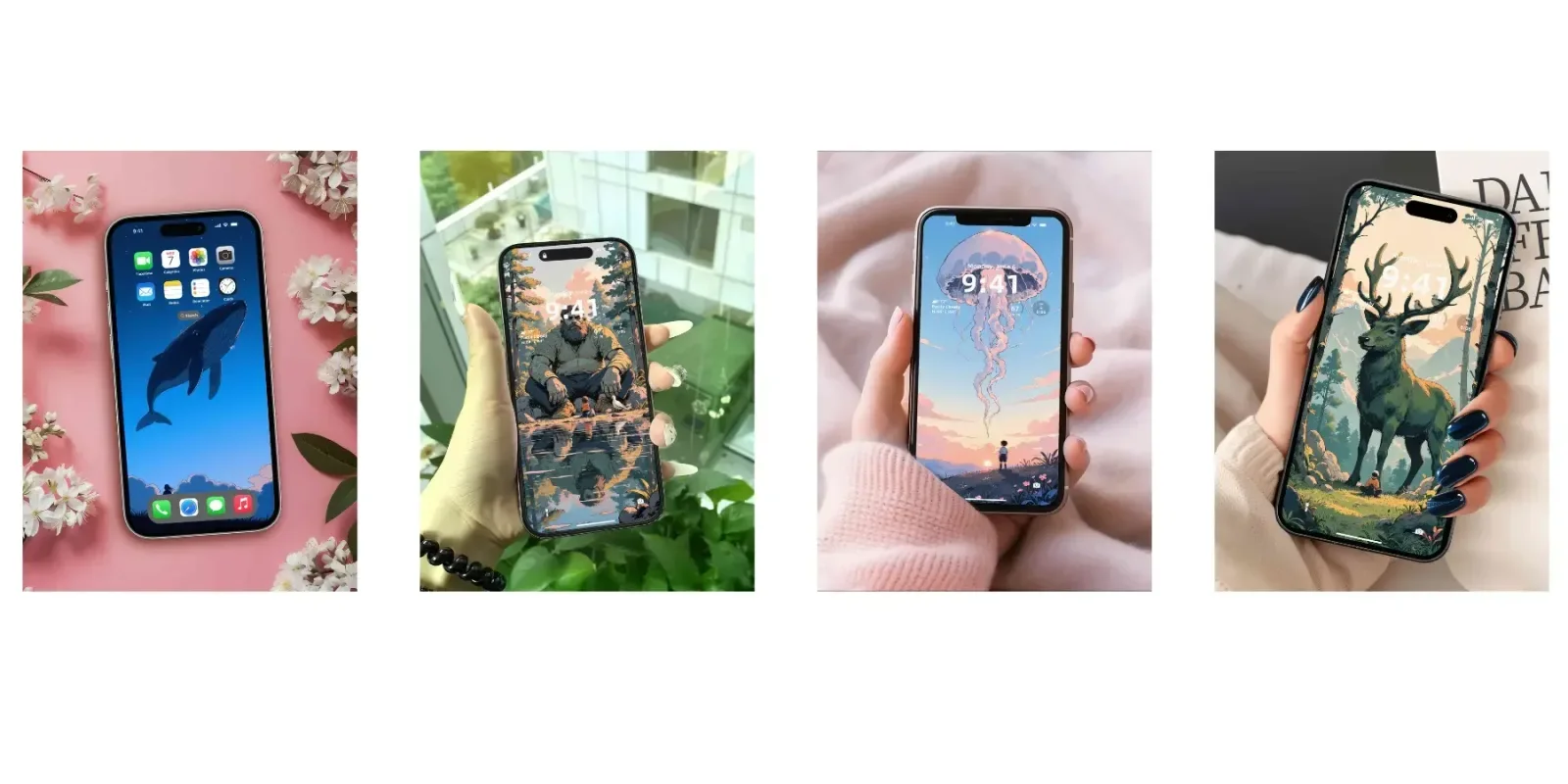 Four phones show nature art: a blue whale, a large ape reflected in still water, a pink jellyfish above a tiny standing figure, and a dark green stag among trees.
