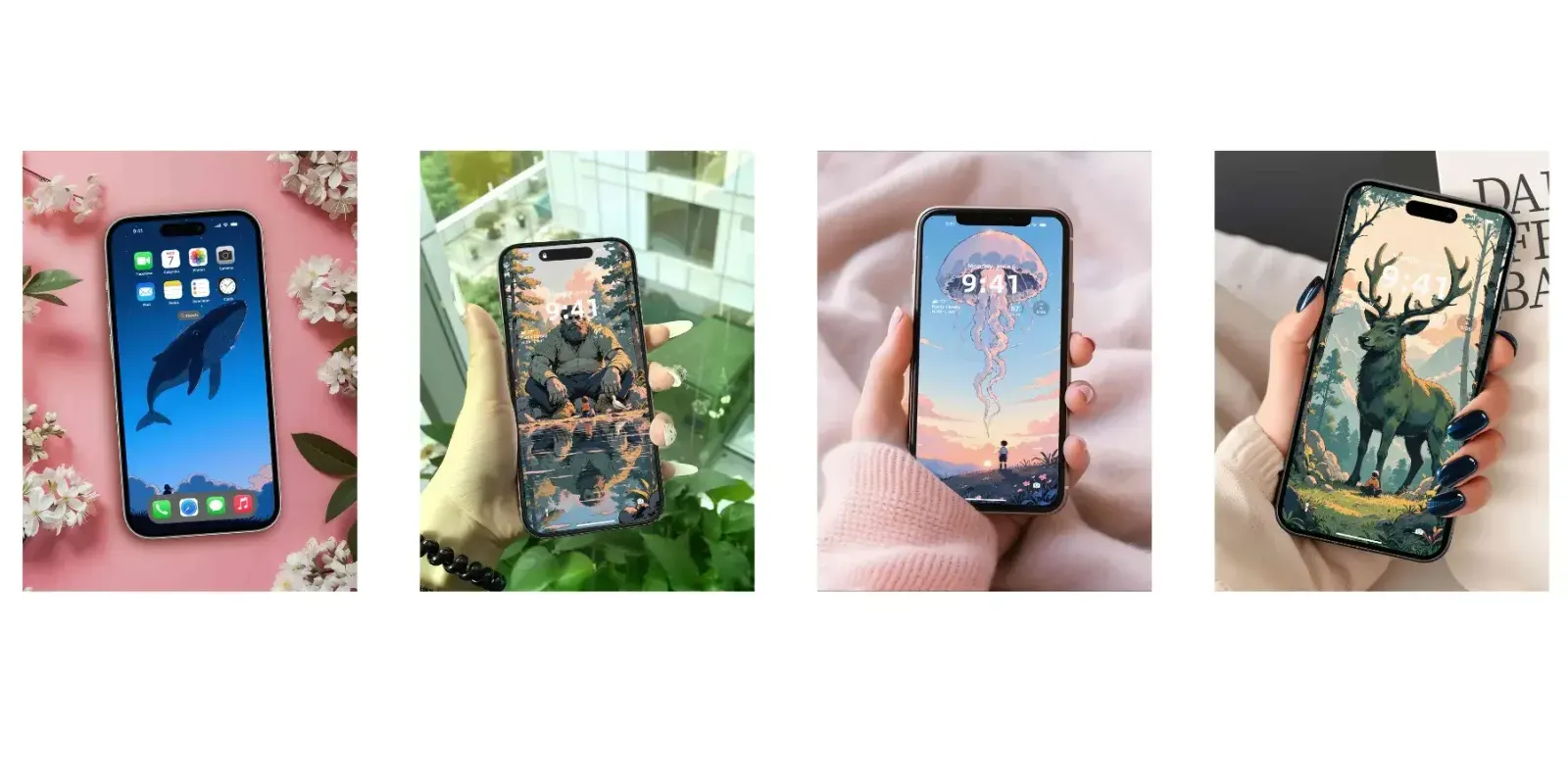 Four phones show nature art: a blue whale, a large ape reflected in still water, a pink jellyfish above a tiny standing figure, and a dark green stag among trees.
