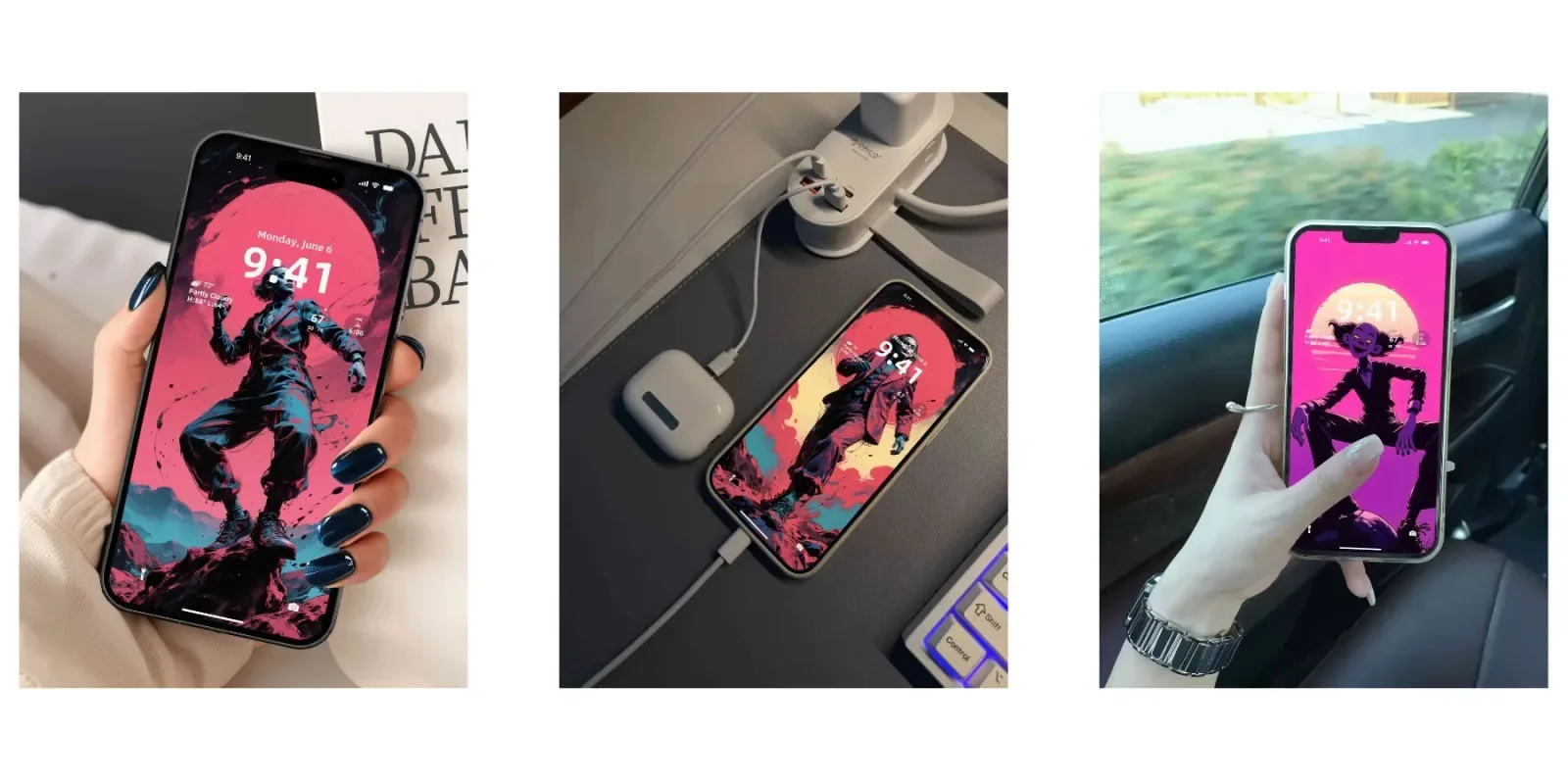 Three phones show high-contrast character art: a leaping figure before a pink circle, a coated figure before a red sun, and a seated figure with twin buns on magenta.