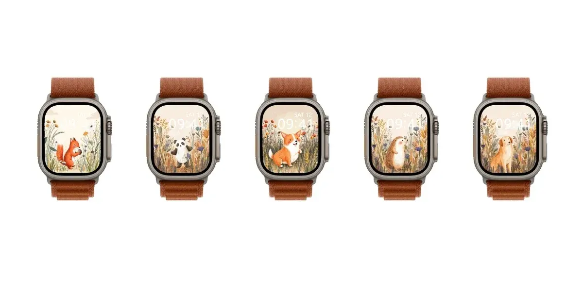 Five watches with brown bands show illustrated faces: a red squirrel, a panda, an orange fox, a hedgehog, and a golden dog, each standing in wildflowers.
