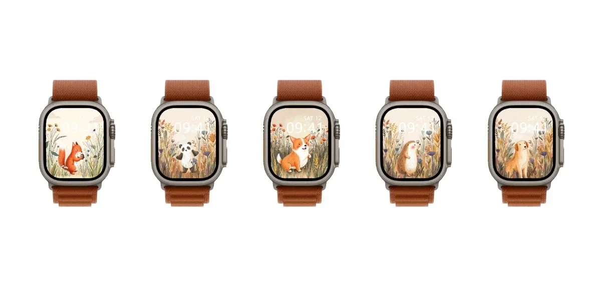 Five watches with brown bands show illustrated faces: a red squirrel, a panda, an orange fox, a hedgehog, and a golden dog, each standing in wildflowers.