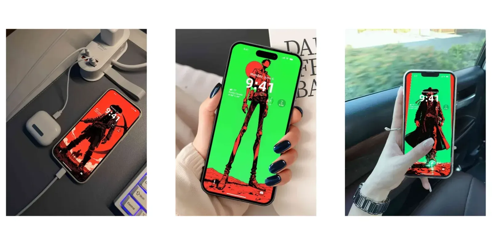 Three phones show western poster art: a dark hatted figure on red with a curved shape over the shoulder, a very tall figure under a red sun on green, and a red coat and hat on green.