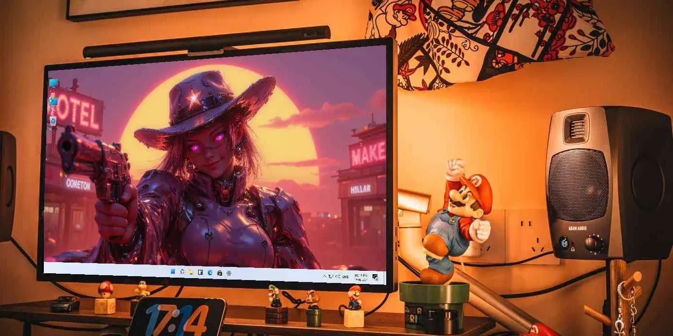 A desktop monitor shows a cowgirl in a wide starred hat and metallic armor aiming a pistol toward the camera, purple eyes lit, a large yellow sun behind her.