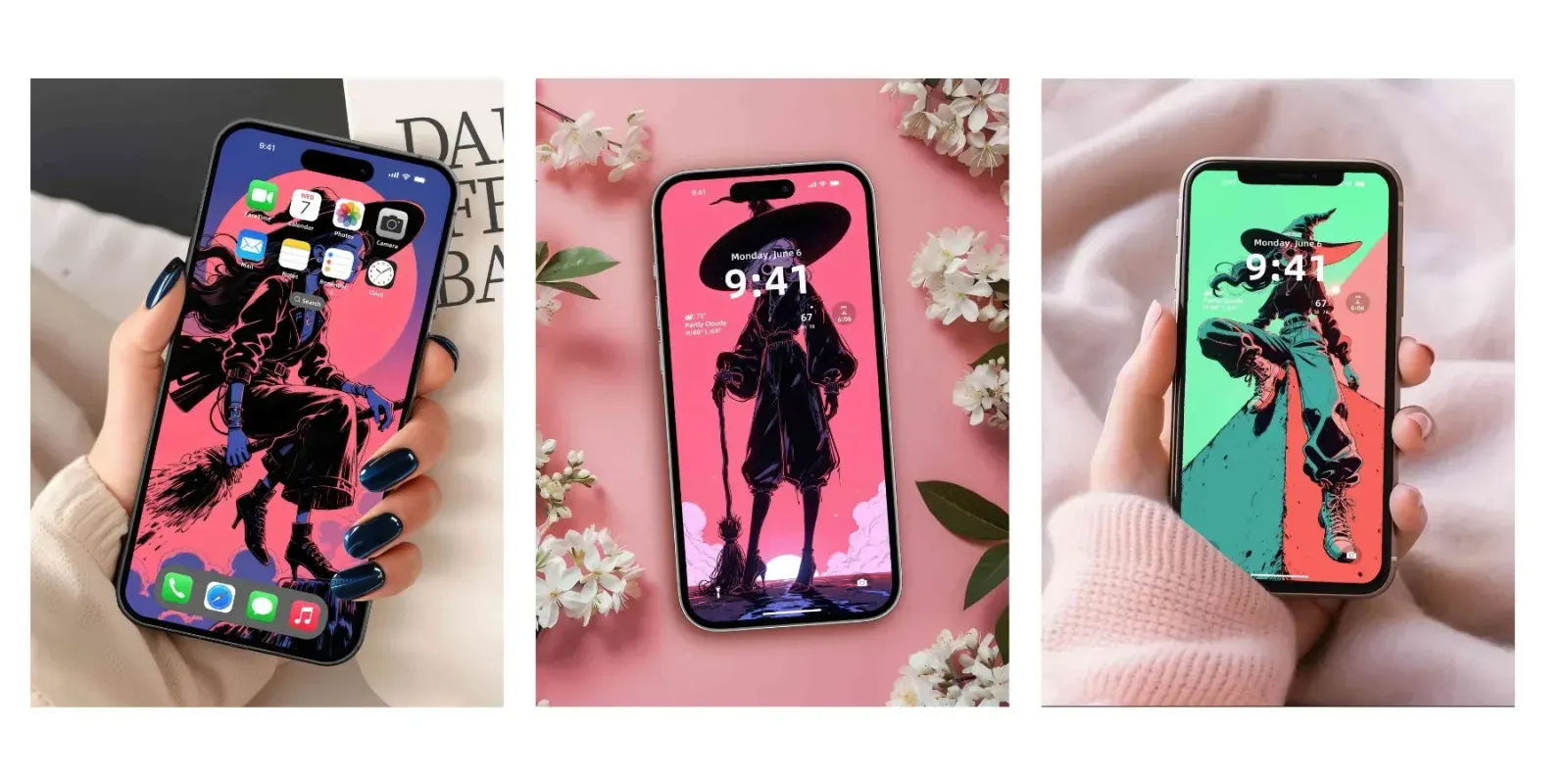 Three phones show witch artwork: a seated witch on a broom against a pink moon, a black silhouette with a wide hat, and a teal-and-coral figure in boots.