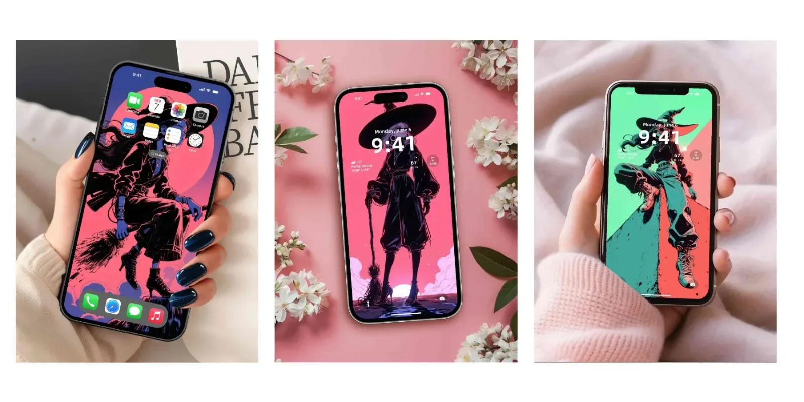 Three phones show witch artwork: a seated witch on a broom against a pink moon, a black silhouette with a wide hat, and a teal-and-coral figure in boots.