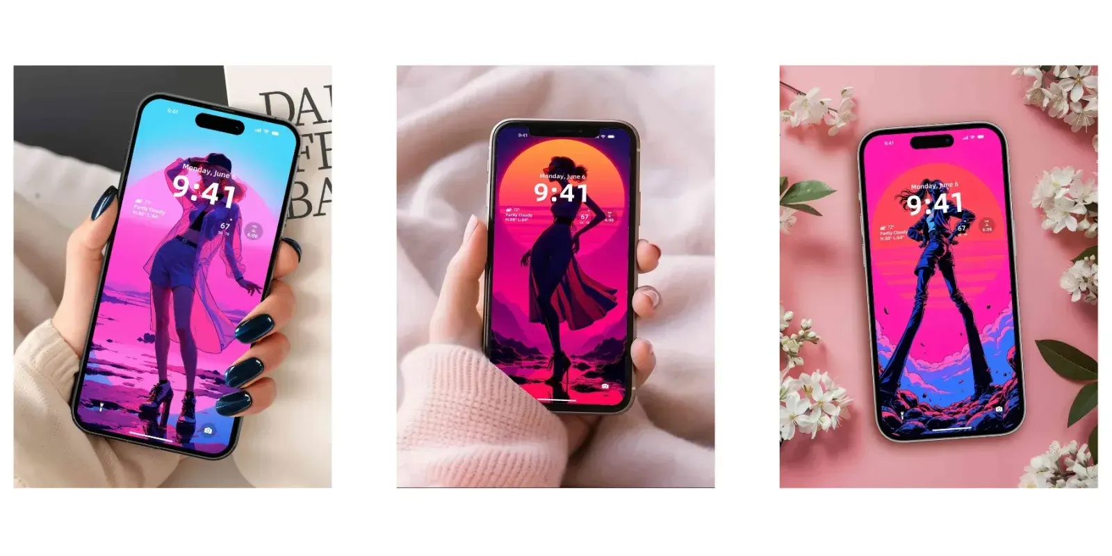 Three phones show sunset silhouettes: a woman in a long coat on reflective ground, a caped profile against an orange sun, and a wide-legged figure on a pink and blue horizon.