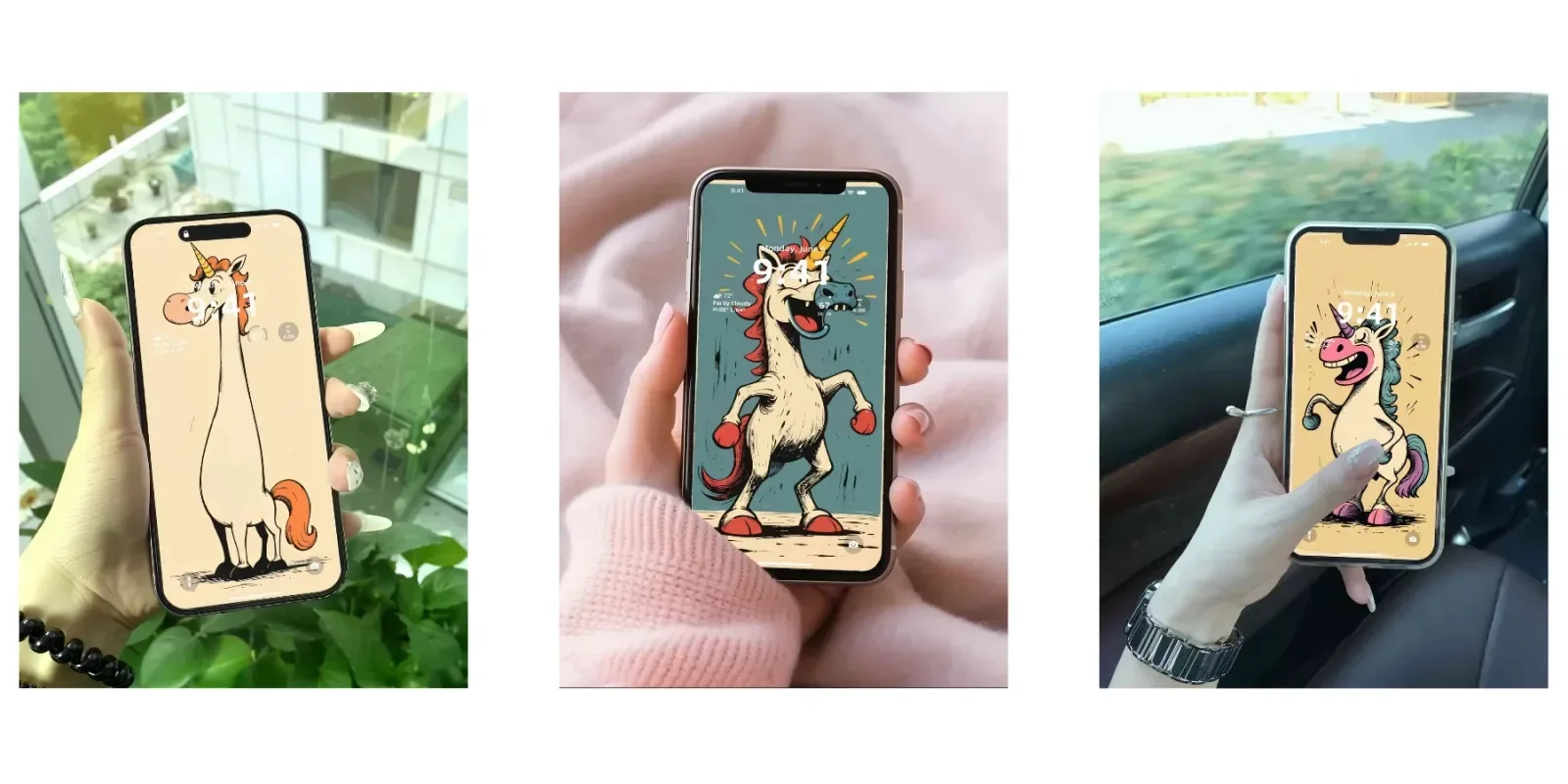 Three phones show cartoon unicorns: a tall pale unicorn with an orange mane, a boxing unicorn in red gloves on teal, and a smaller grinning unicorn on yellow.