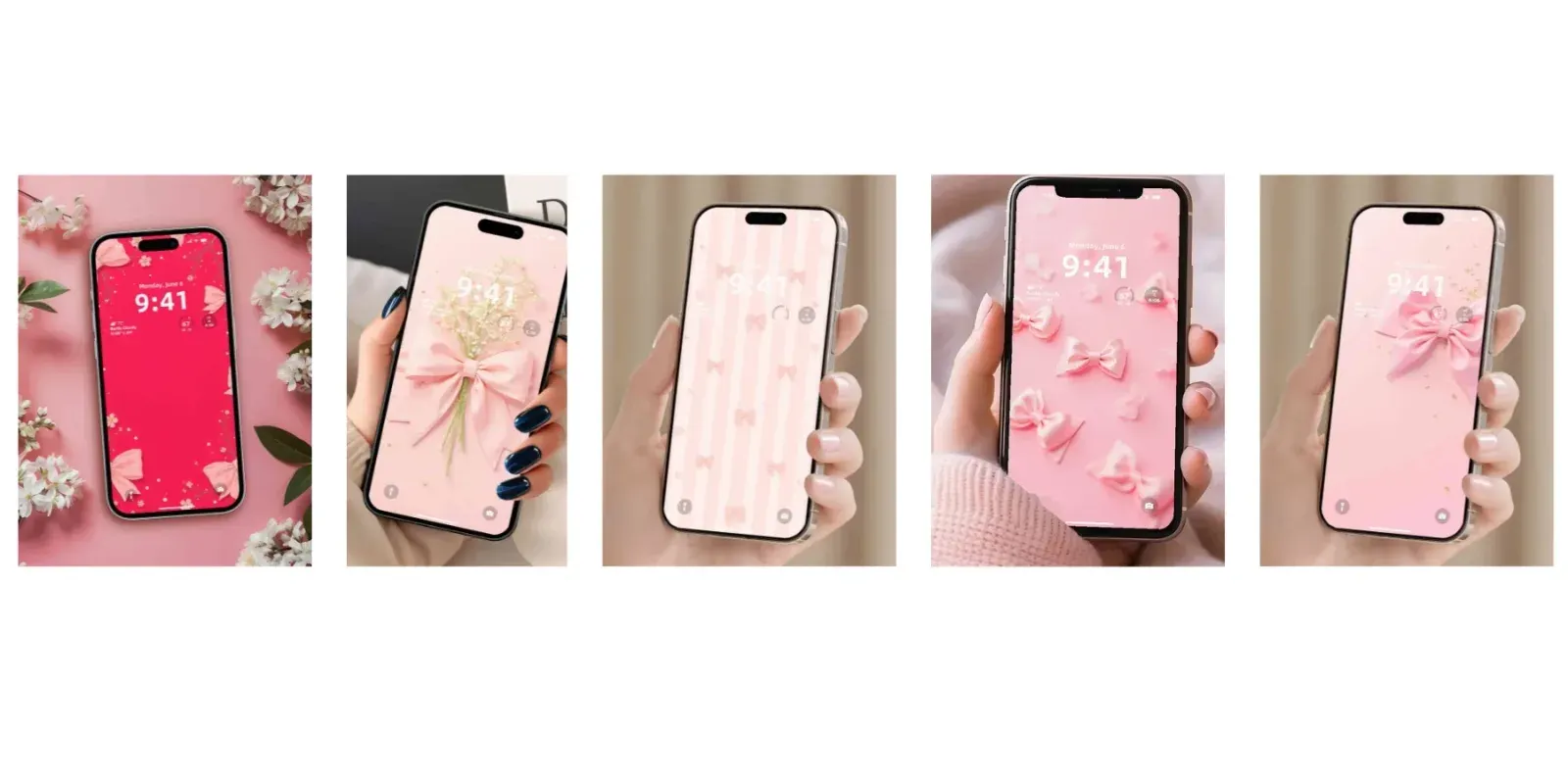 Five phones show pink bow wallpapers: tiny bows on red, a large bow around baby’s breath, pink stripes with small bows, scattered glossy bows, and a single pale bow.