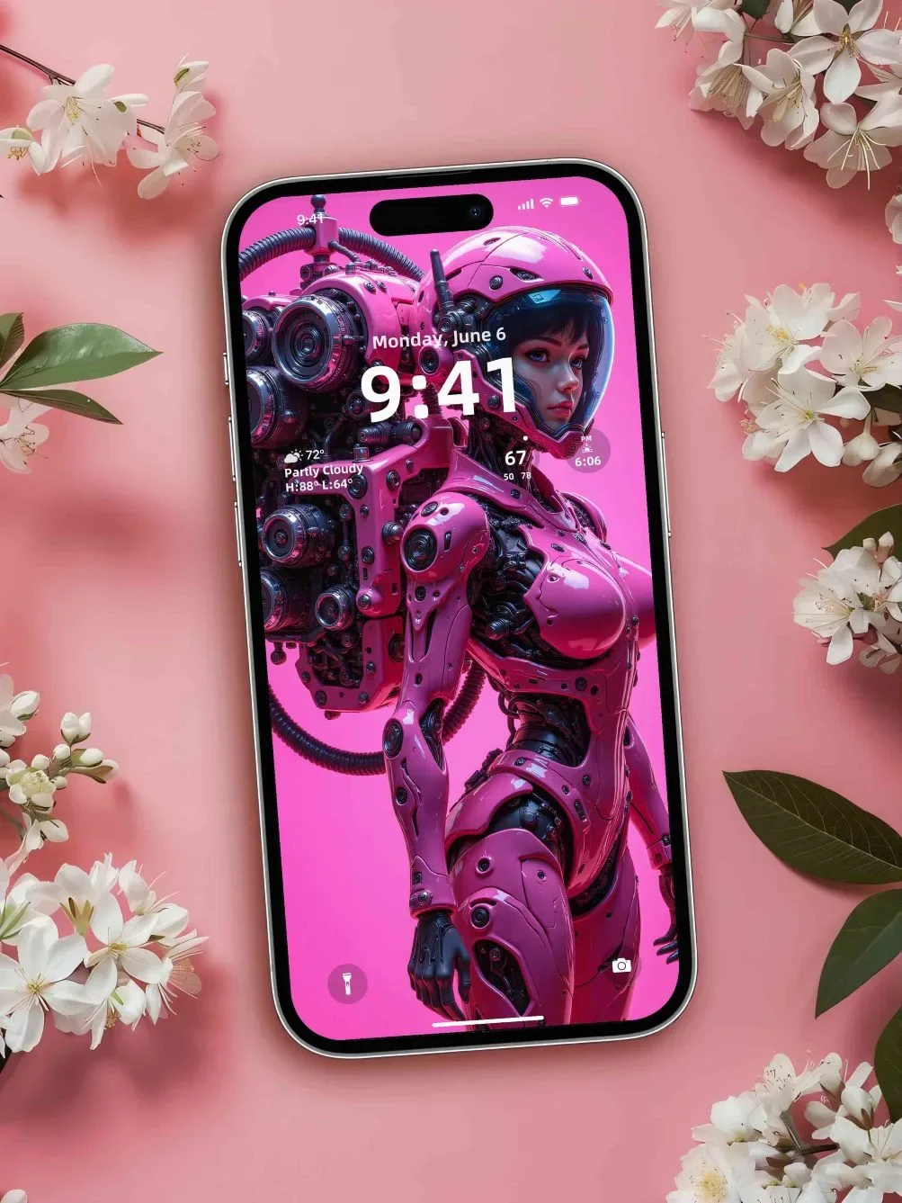 A phone on a pink surface, ringed by white blossoms, shows a pink-armored figure with a mechanical backpack and the time 9:41.