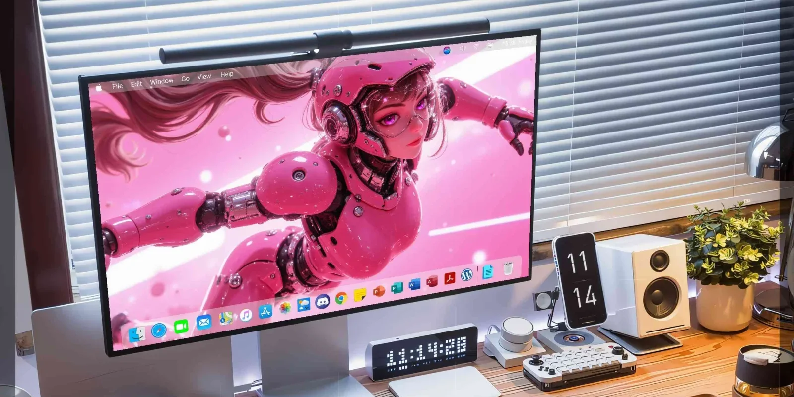 A desktop monitor shows a pink-armored figure with goggles and twin tails reaching toward the viewer, pale pink light behind her.
