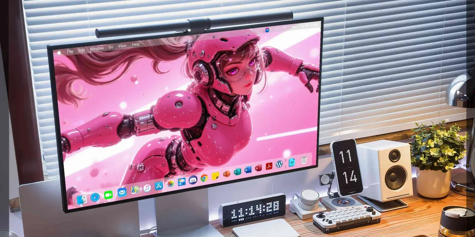 A desktop monitor shows a pink-armored figure with goggles and twin tails reaching toward the viewer, pale pink light behind her.
