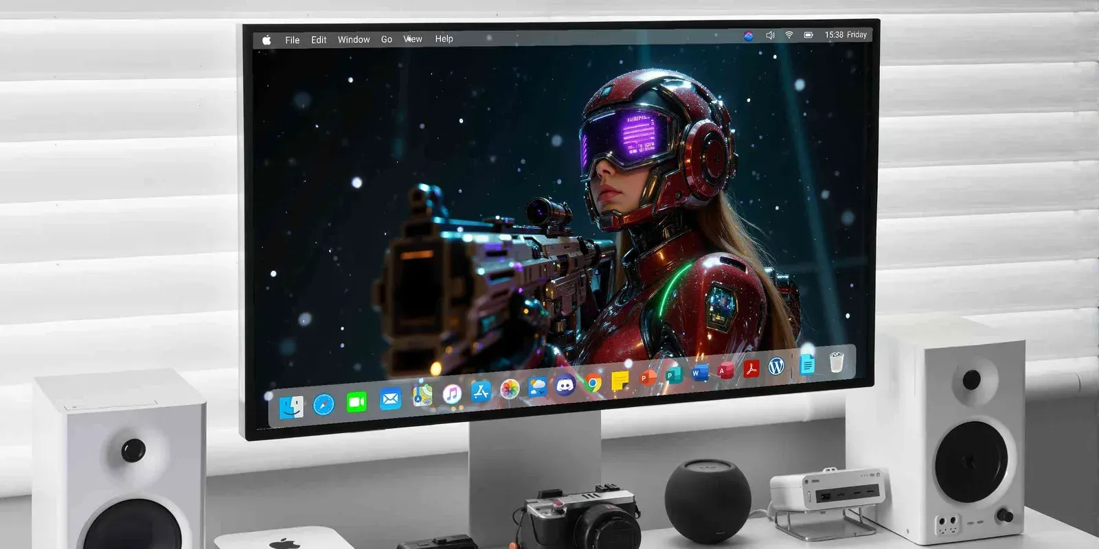A desktop monitor displays a red-armored figure with a purple visor and long blonde hair, with a blurred rifle in the foreground and stars behind.