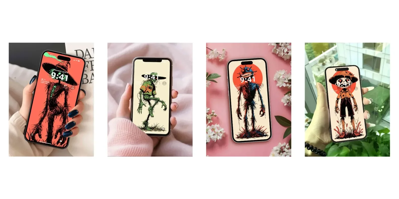 Four phones show scarecrow art: a shaggy hatted figure on orange, a green figure on cream, a red-and-blue stitched figure before a red circle, and a skull-faced character in shorts.