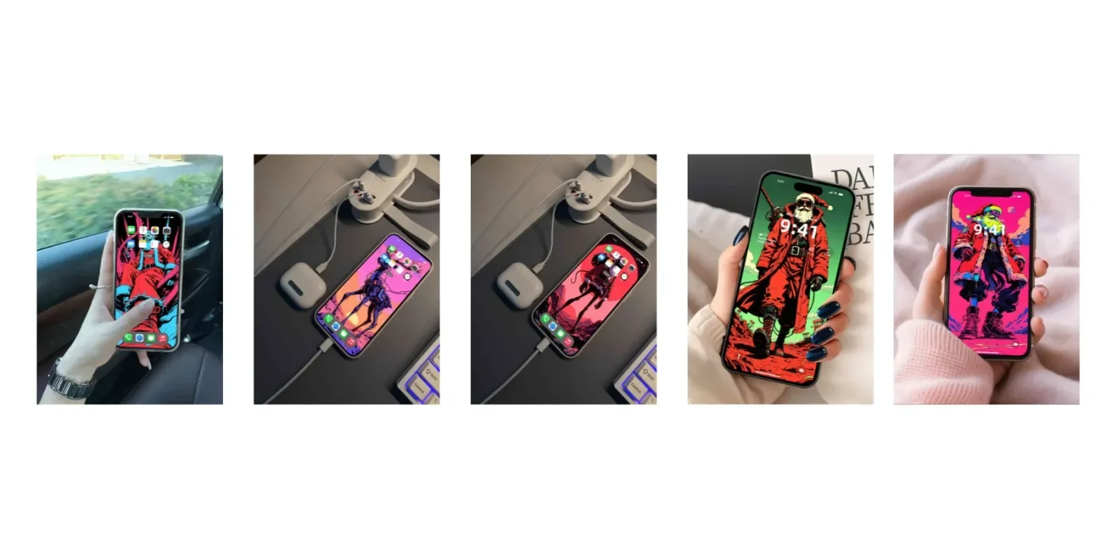 Five phones display neon character art: a red-and-cyan figure, a rider at sunset, a dark machine, a figure in a long red coat, and a neon figure in heavy boots.