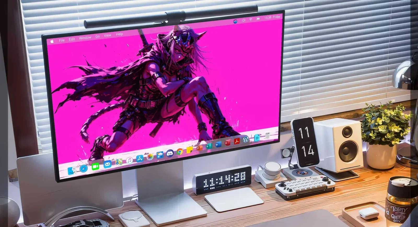 A desktop monitor shows a crouched figure in a wolf-like mask and a dark cape, with a tail and a sword hilt, against a flat magenta background.