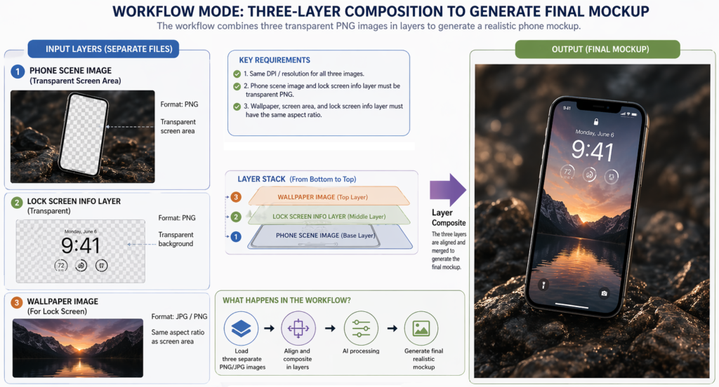 ComfyUI wallpaper mockup workflow diagram showing three-layer composition including phone scene, lock screen overlay, and wallpaper image for realistic device previews