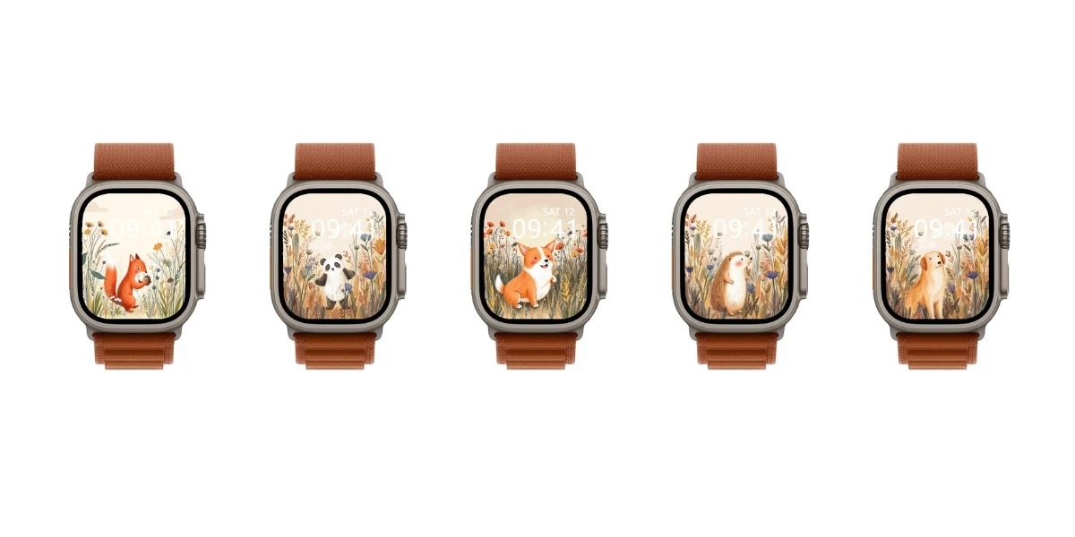Cute Animal Watch Face Pack with adorable kitten puppy bunny and fox cartoon icons for smartwatch, high resolution digital download