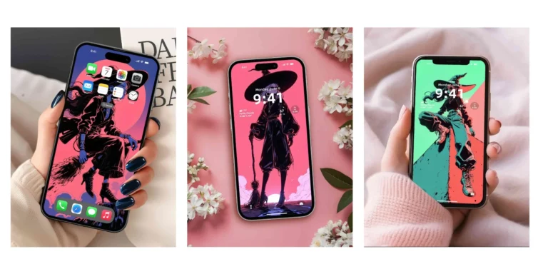 Cyber Witch Wallpaper Pack with stylish cyberpunk witch in neon pink and teal aesthetic for desktop and phone background