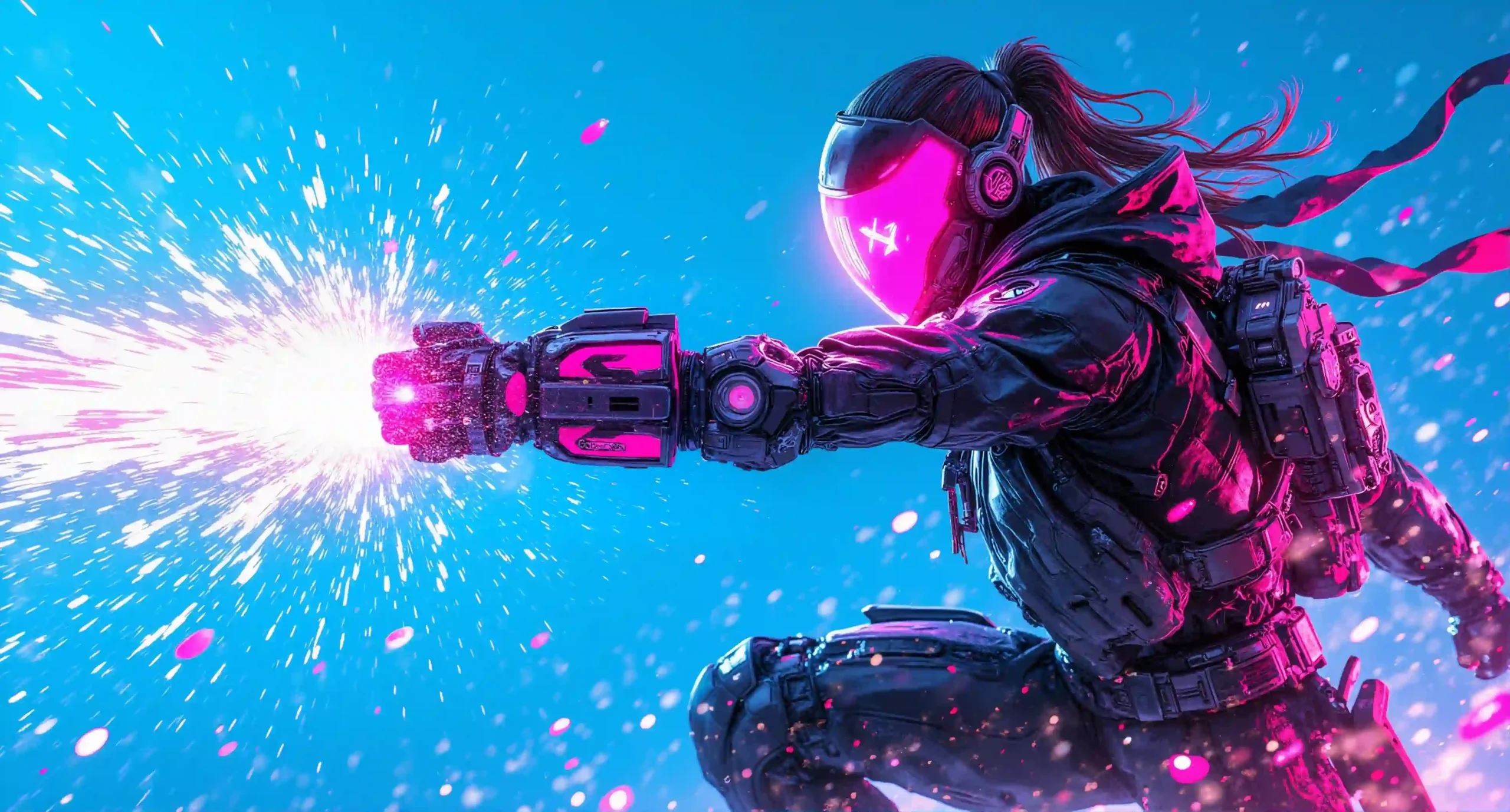 Free Mecha Girl Cyberpunk Wallpaper Pack with powerful neon pink cyberpunk mecha girl in dynamic action pose for desktop and phone background