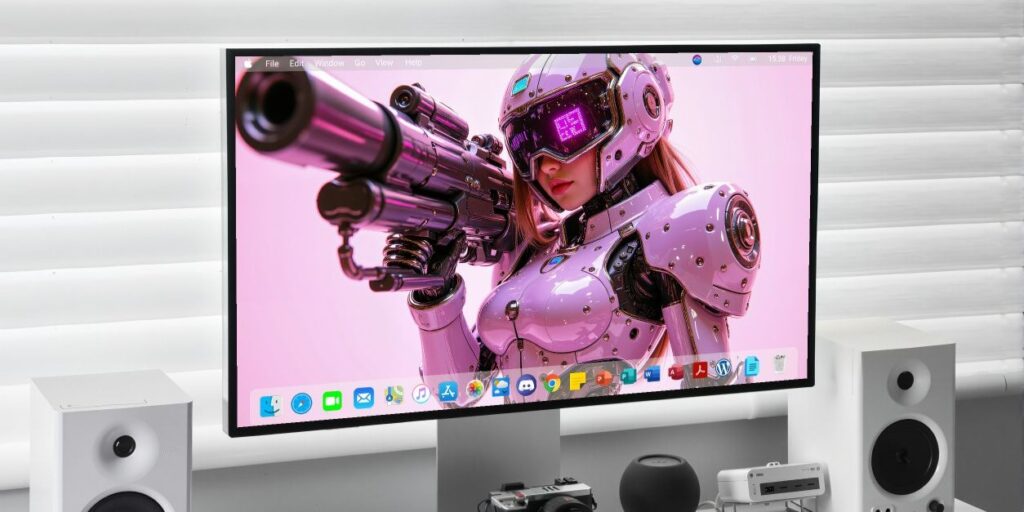 Red Mecha Girl Starter Wallpaper Pack with fierce red cyberpunk mecha girl in high-tech armor holding weapon for desktop and phone background